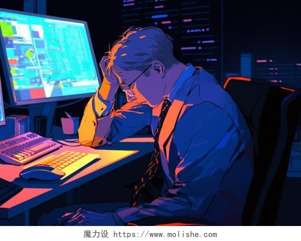 一位职场男性在电脑前疲惫工作场景人物插画招聘职场办公商务白领压力大